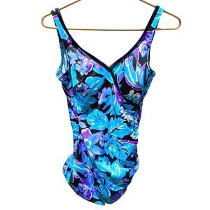 Vtg 80s Swimsuit One Piece Skirted Blue Black Open Back Floral Hippy Flower‎ S